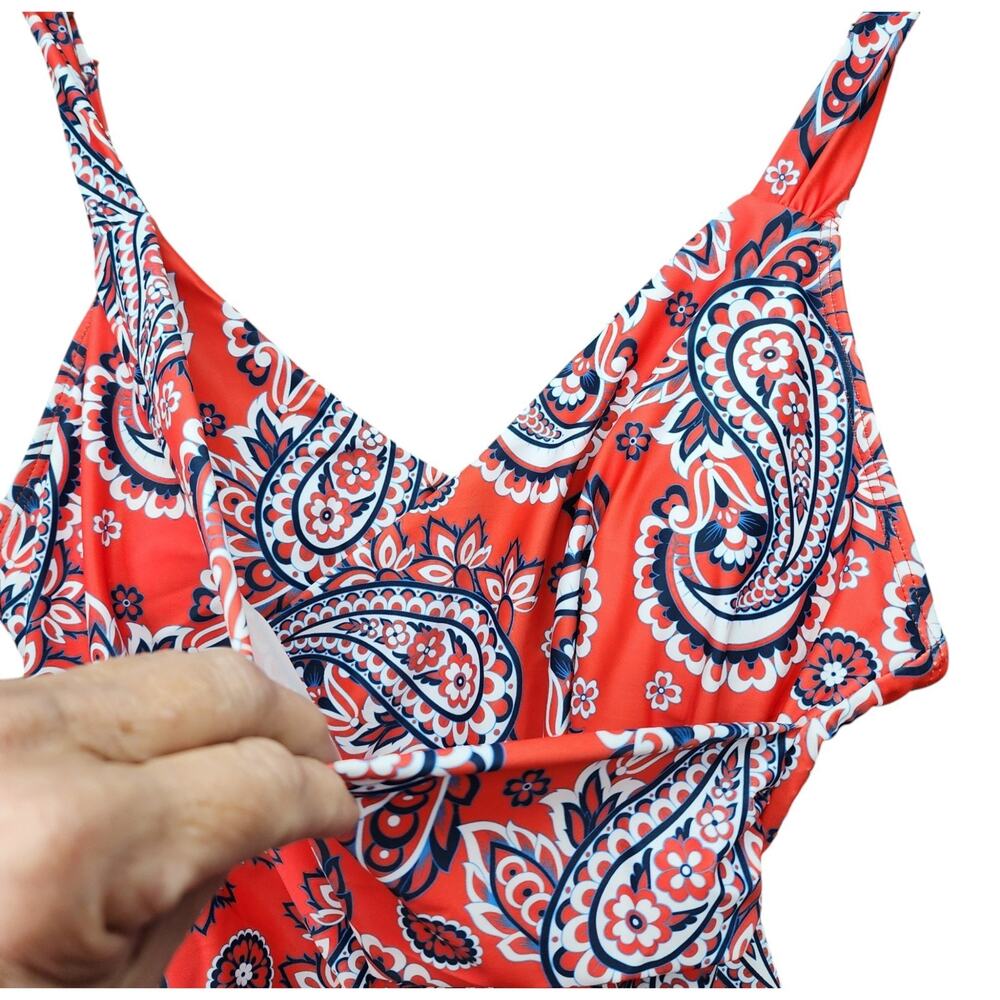 NWT Clwerk One Piece Swimsuit Women’s XL Red Blue Paisley Crossover Bathing Suit - Picture 4 of 12
